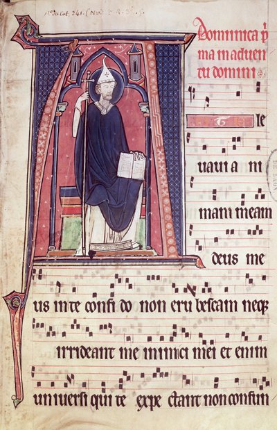 Ms 241 f.1 Historisierte Initiale A, die St. Gregor darstellt, aus dem Antiphonar zur Weihe der Abteikirche von Vauclair, 1257 von French School