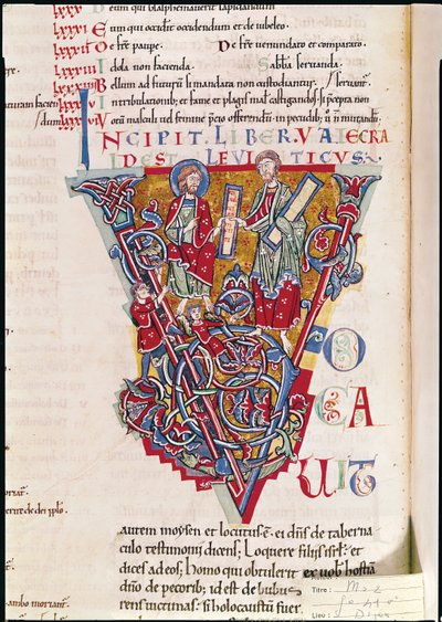 Ms 2 fol.41v Historisierte Initiale V mit einer Szene aus dem Buch Levitikus, aus der St. Benigne Bibel von French School