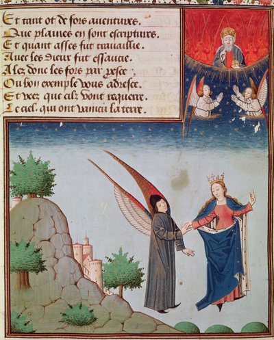 Ms 3045 fol.94r Lady Philosophie führt Boethius im Flug in den Himmel auf den Flügeln, die sie ihm gegeben hat; Gott der Vater schaut segensreich zu von French School