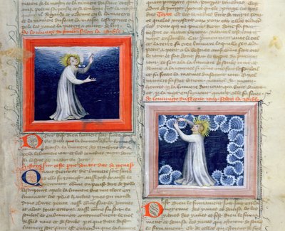 Ms 313 Gott trennt das Licht von der Dunkelheit (links) und erschafft das Firmament (rechts), aus der Bible des Grands Augustins, 1494 von French School