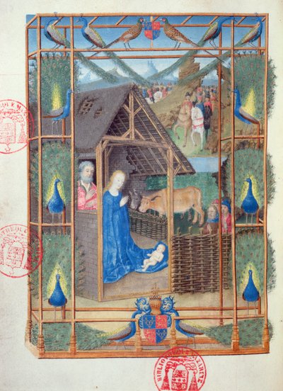 Ms 473 Die Geburt Christi mit Pfauen, Miniatur aus den Heures de Charles de France, ca. 1466-69 von French School