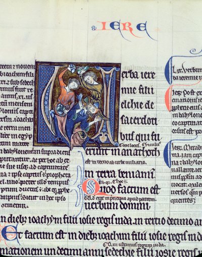 Ms 48 fol.95v Historisierte Initiale V, die die Steinigung des Propheten Jeremia zeigt von French School