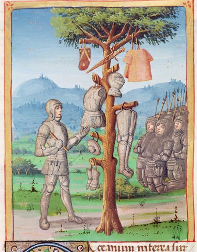 Aeneas hängt die Rüstung von Mezentius an eine Eiche, aus der Aeneis von Virgil mit einem Kommentar von Servius, 1469 von French School