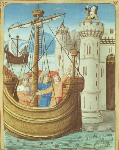 Die Abreise des Aeneas und der Tod von Dido, aus der Aeneis von Virgil mit einem Kommentar von Servius, 1469 von French School