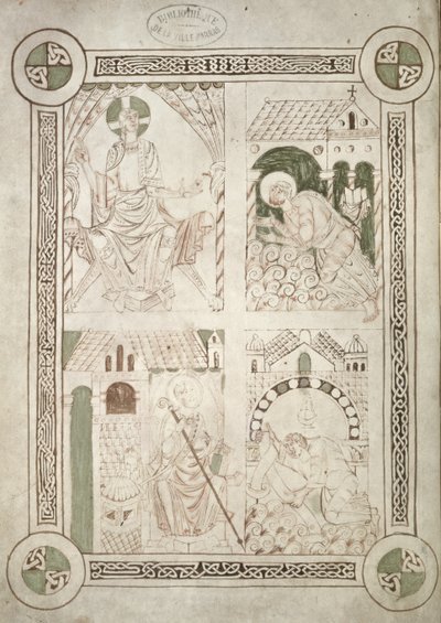 Ms 616 f.1v St. Augustinus zu Füßen Christi und der Schreiber Alardus, der ihm sein Buch anbietet, Frontispiz zu Confessiones von St. Augustinus von French School