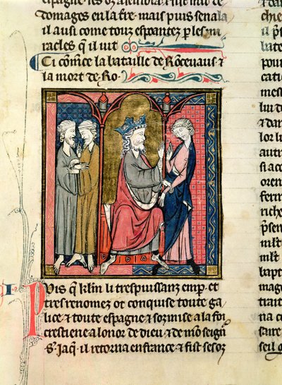Karl der Große (742-814) sendet Ganelon zu den saragossanischen Königen Marsile und Baligant, aus den Chroniken von Saint-Denis, ca. 1275 von French School