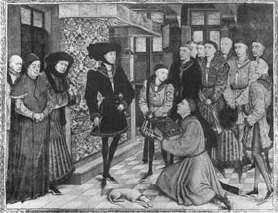 Ms 9242 Hainaut-Chroniken, Philipp der Gute, Herzog von Burgund, präsentiert mit der Übersetzung der Chroniken von Jean Vauquelin, Karl der Kühne als Kind zu seiner Linken von French School