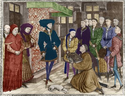 Ms 9242 Hennegau-Chroniken, Philipp der Gute, Herzog von Burgund, präsentiert mit der Übersetzung der Chroniken von Jean Vauquelin, Karl der Kühne als Kind zu seiner Linken (spätere Kolorierung) von French School