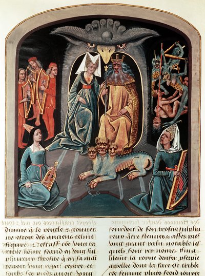 Ms Fr. 143 f.136v Hades und Persephone im Unterwelt auf einem Thron in Form eines Adlerkopfes mit Cerberus davor von French School