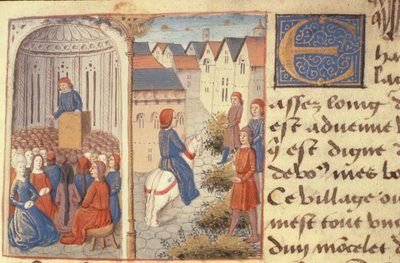 Eine Vorlesung und das Streuen von Binsen auf den Straßen, aus Les Cent Nouvelles Nouvelles, 1462 von French School