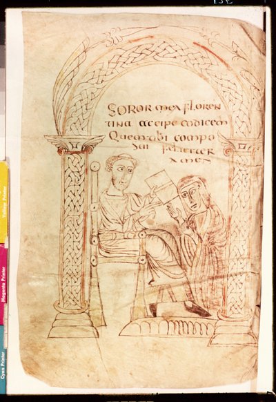 Isidor bietet sein Werk seiner Schwester Florentina an, aus De fide catholica ex Veteri et Novo Testamento contra Judaeos von Isidor von Sevilla (ca. 560-636) ca. 800 von French School