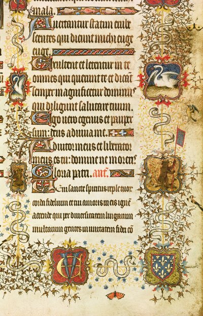 Ms Lat 919 fol.96 Detail der Wappen und Tierdekoration, von St. Peter führt Jean de France (1340-1416) Herzog von Berry ins Paradies, aus den Grandes Heures de Duc de Berry von French School