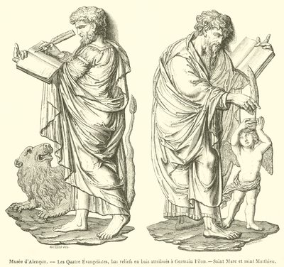 Museum von Alençon, Die vier Evangelisten, Holzreliefs zugeschrieben Germain Pilon, Heiliger Markus und Heiliger Matthäus (Gravur) von French School