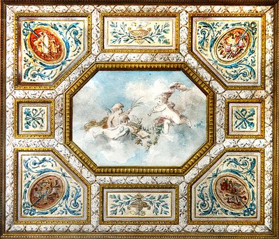 Musikzimmerdecke mit Putti, die Instrumente spielen von French School