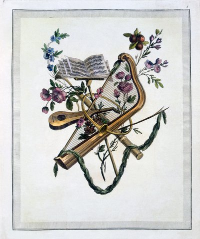 Musikinstrumente, aus einem Buch mit gravierten Platten von Oppenords Entwürfen, veröffentlicht 1745 von French School
