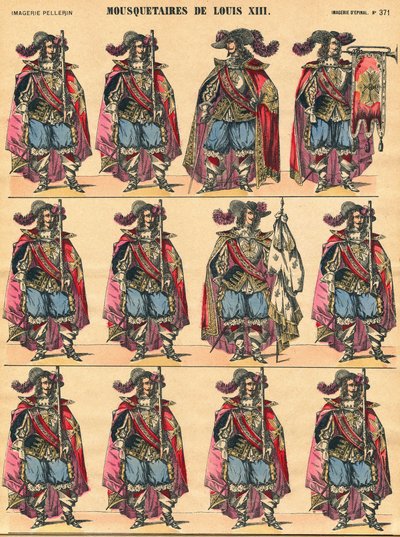 Musketiere von Ludwig XIII., beschreibende Platte. Bild von Epinal von French School