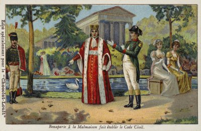 Napoleon Bonaparte etabliert den Code Napoléon im Schloss Malmaison, Frankreich, 1804 von French School