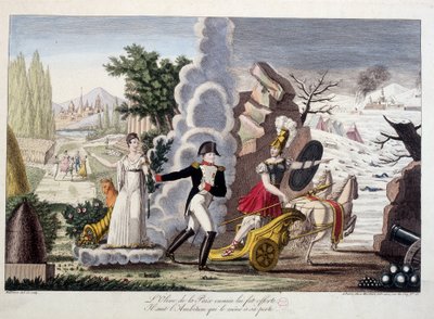 Napoleon I. Zwischen Krieg und Frieden, um 1815 - Napoleon zwischen Krieg und Frieden - Der Olivenzweig des Friedens wurde ihm vergeblich angeboten, er folgt dem Ehrgeiz, der ihn zu seinem Untergang führte - in „Napoleon 1er“, eine Dummysammlung von Karika von French School