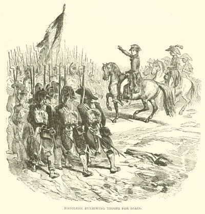 Napoleon inspiziert Truppen für Spanien (Stich) von French School