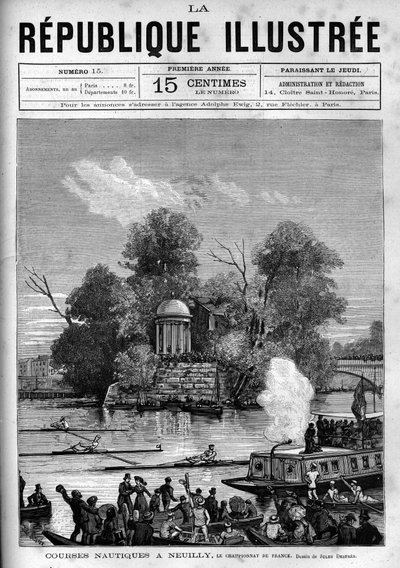 Nautische Rennen: Französische Rudermeisterschaft auf der Seine gegenüber der Île de la Grande Jatte in Neuilly. Gravur von 1880 in „La république illustrée“ private Sammlung. von French School