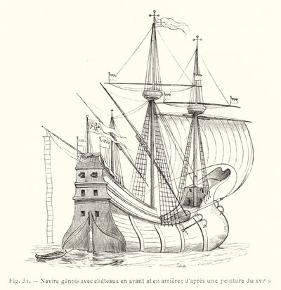 Genuesisches Schiff mit Burgen vorne und hinten; nach einem Gemälde des 16. Jahrhunderts (Gravur) von French School