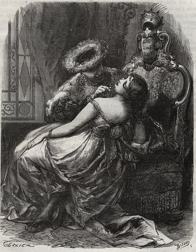 Schöner Hals! Dass ein Henker ihn gerne abschneiden würde! König Heinrich VIII. von England (1491-1547) mit seiner Frau, Catherine Parr (1512-1548). Gravur von 1871 in „Histoire Des Cocus Célèbres“ von Henry de Kock (1819-1892). von French School