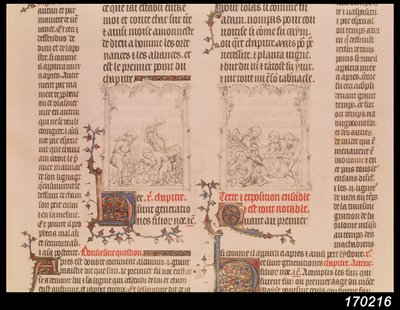 Noah im Weinberg und die Trunkenheit Noahs, aus der Bibel von Jean Sy, ca. 1355 von French School