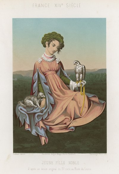 Edles Mädchen sitzt mit einem Falken auf dem Arm von French School