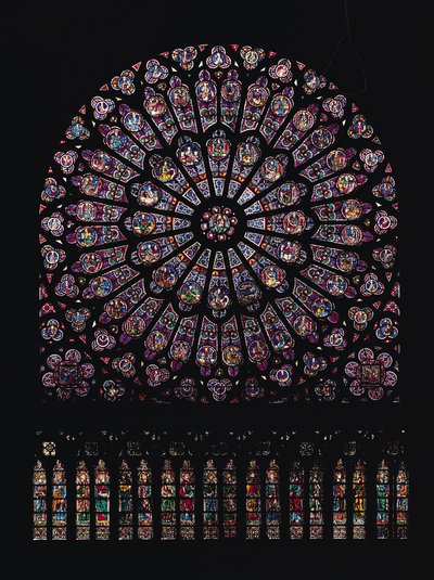 Nordtransept-Rosenfenster, das die Jungfrau und das Kind im Zentrum umgeben von alttestamentlichen Figuren darstellt, entworfen ca. 1250 von French School