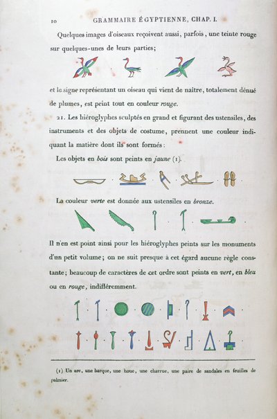 Notizen zur Färbung bestimmter Hieroglyphen, aus Grammaire Egyptienne von Jean Francois Champollion (1790-1832) 1836 von French School