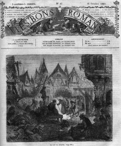 Romanserie: „Notre Dame de Paris“ von Victor Hugo. Der Hof der Wunder. Gravur in „Les bons romans“ von French School