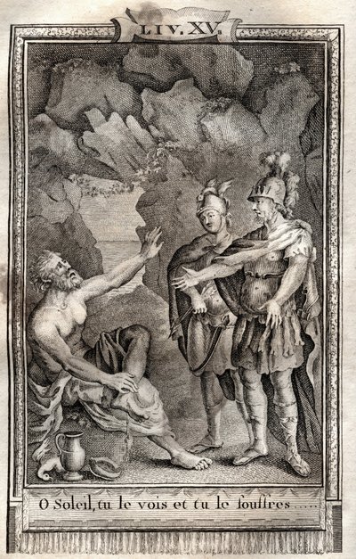 O Sonne, du siehst es und leidest es! Ulysses antwortete mir ohne sich zu bewegen: Jupiter will es... Gravur von 1798 von Monnet in „Les Aventures de Télémaque, fils d