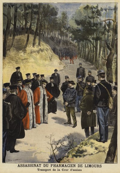 Gerichtsbeamte besuchen den Tatort des Mordes an Herrn Kauffmann, einem Apotheker aus Limours, in der Nähe von Royat, Frankreich, 1897 von French School