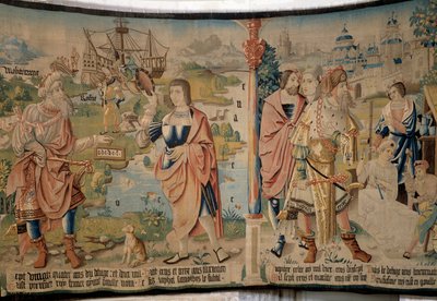 Links, Samothes (oder Samote), der erste König der Gallier, mit einem Zepter in der Hand und einem Alphabet (er soll der Erfinder der Buchstaben sein), unten ein Boot und Landschaften von Gallien, das Mittelmeer, die Rhone und der Ozean, rechts, keltischer von French School