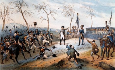 Hundert Tage: „Napoleon Bonaparte (1769-1821) kehrt 1815 aus dem Exil auf der Insel Elba zurück - Napoleons Rückkehr von Elba von French School