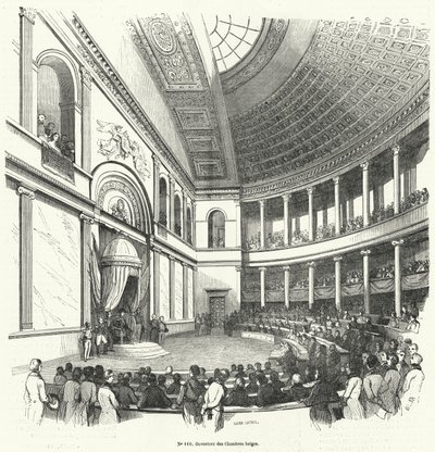 Eröffnung der Abgeordnetenkammer, des Unterhauses des belgischen Parlaments (Stich) von French School