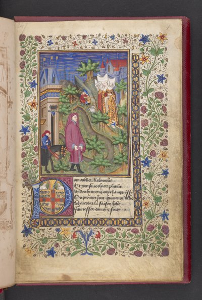 Eröffnungsseite. Ein Herr in einer Landschaft, gefolgt von einem anderen auf einem Pferd, mit drei Damen. Le livre des quatre dames; von Alain Chartier von French School