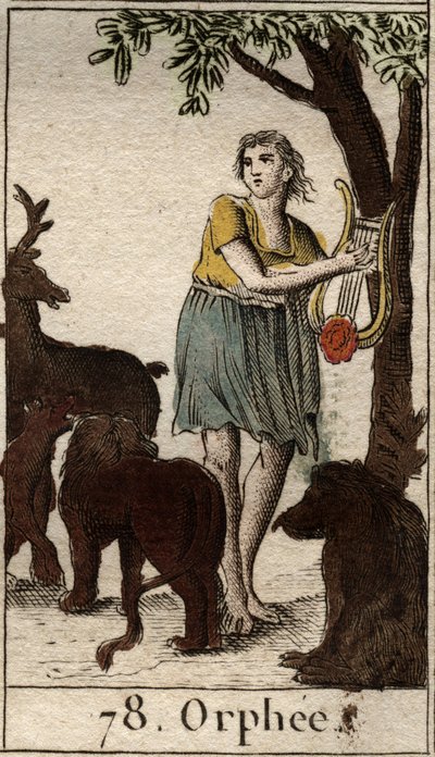 Orpheus bezaubert die wilden Tiere, indem er seine Leier spielt. Aus „Mythologie der Jugend“ von Pierre Blanchard 1803 von French School
