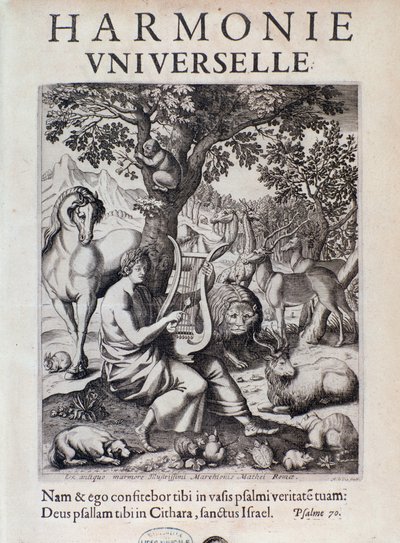Orpheus spielt für Tiere. Frontispiz von Harmonie universelle von Marin Mersenne von French School