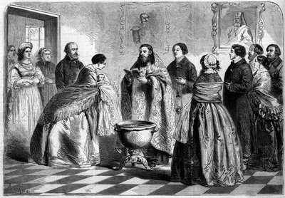 Orthodoxer Ritus - Taufe: Taufzeremonie nach griechischem Ritus in der oberen russischen Gesellschaft im Jahr 1858. Das Kind wird dem Papst von seiner Patin vor der Taufe im Taufbecken präsentiert. Gravur in „Le Monde Illustré“ Nr. 81 vom 30. Oktober von French School