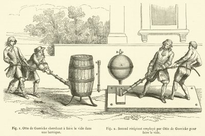 Otto von Guericke versucht, ein Vakuum in einem Fass zu erzeugen, Zweites Gefäß, das von Otto von Guericke verwendet wird, um ein Vakuum zu erzeugen von French School