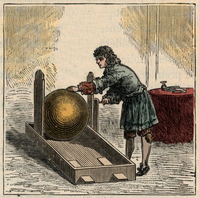 Otto von Guericke (1602-1686), deutscher Physiker, der den ersten statischen Elektrizitätsgenerator bedient von French School