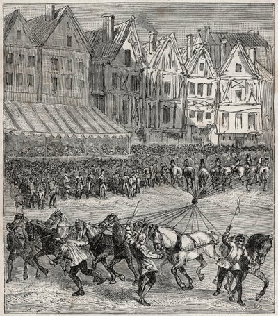 Otto von Guerickes Magdeburger Halbkugelversuch, der den atmosphärischen Druck demonstrierte von French School