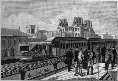 Überblick über die Hochbahnstation und den elektrischen Zug in New York, USA. Gravur in „La Nature. Revue des sciences et de ses applications aux arts et à l