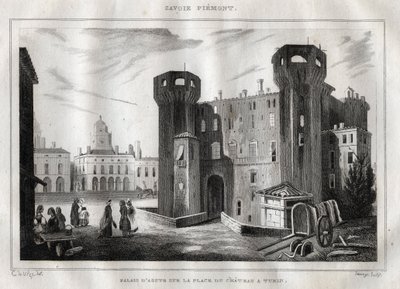 Palast von Aosta auf der Place du Chateau in Turin - Gravur aus „Italien malerisch“ - Historische und beschreibende Malerei von Italien“ von M. de Norvins, Ch. Nodier 1834-1836 von French School
