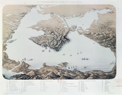 Panoramablick und Plan von Sewastopol und der Schwarzmeerküste zur Zeit des Krimkrieges, 1855 von French School