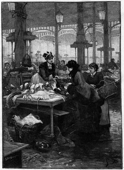 Pariser Szene im 19. Jahrhundert: Ein Fischhändler und ein Kunde in den Halles Centrales. Gravur von Derbier nach einem Gemälde von Gilbert. Ende des 19. Jahrhunderts. In „Die Hauptstädte der Welt: Paris“ von French School