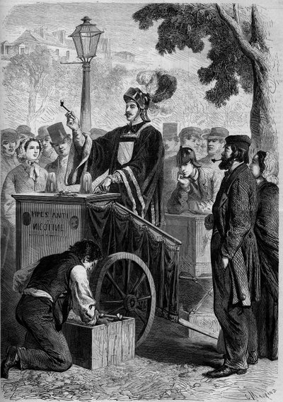 Pariser Typen: Claude Cotte, bekannt als der Anti-Mangin, ein Anti-Nikotin-Pfeifenhändler. Gravur in „Le Monde Illustré“ Nr. 277 vom 2. August von French School