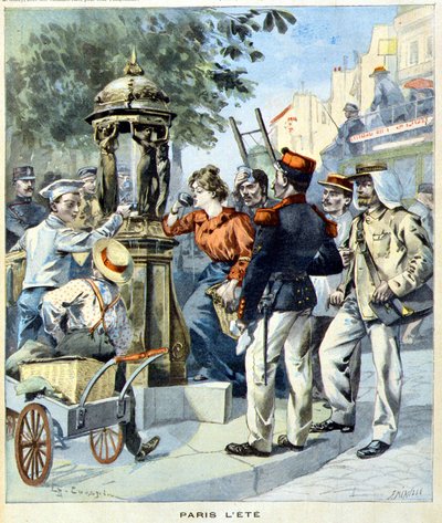 Pariser trinken um einen Wallace-Brunnen - in „Le Petit Journal“ vom 19.08.1900 (Gravur) von French School