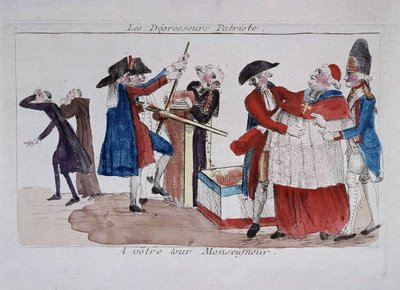 Patriotische Scans: Kommissare, die Kleriker in einer Presse passieren lassen, um sie abzumagern, Ende 18. Jahrhundert von French School